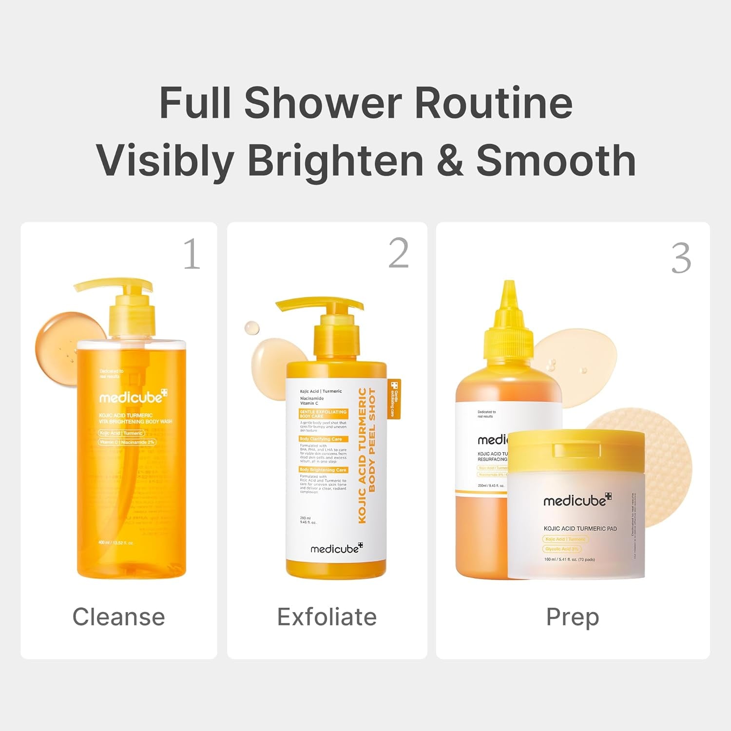 Kojic Acid Body Wash & Prep Duo: Kojic Acid Turmeric Toner Pads and Turmeric Body Wash | Simple Cleanse & Swipe Routine for Glowing-Looking Body Skin