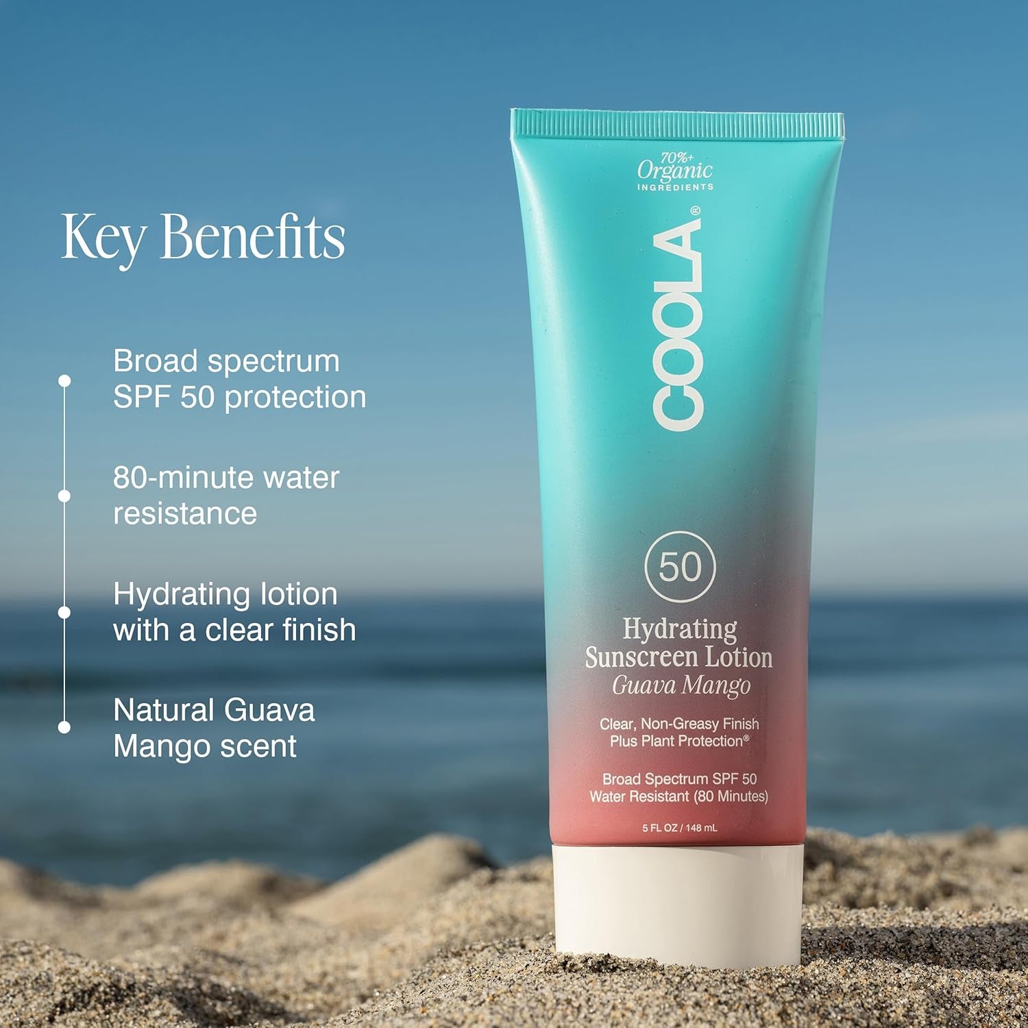 Organic Sunscreen SPF 50 Sunblock Body Lotion, Dermatologist Tested Skin Care for Daily Protection, Vegan and Gluten Free, Guava Mango, 5 Fl Oz