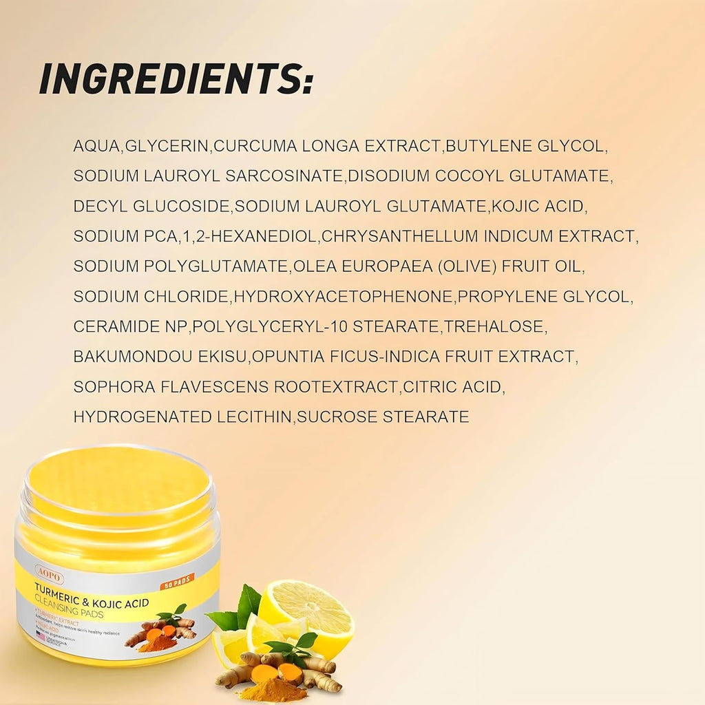 Kojic Acid and Turmeric Cleansing Pads, 50 Pcs, for Face Cleansing and Exfoliation