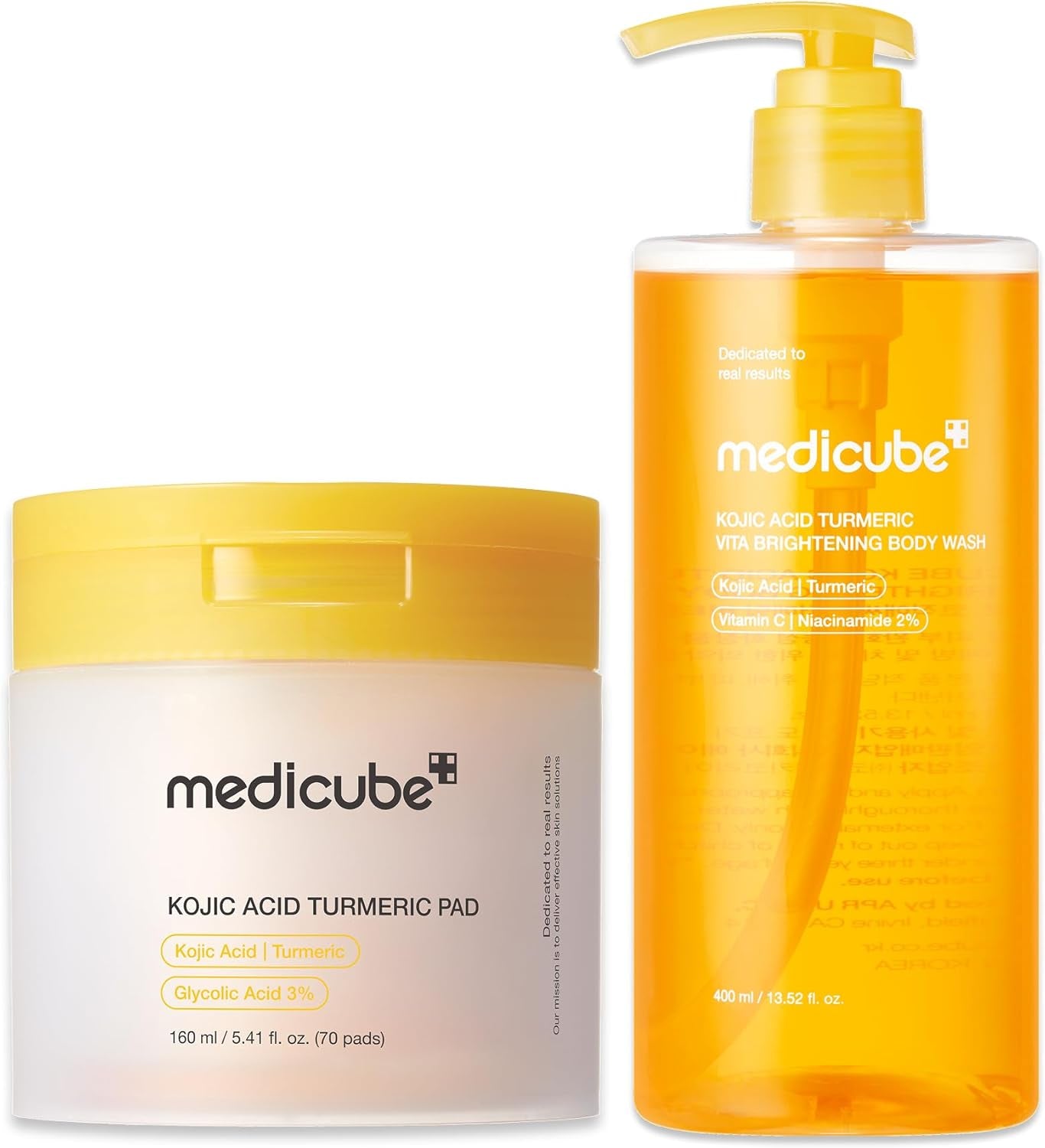 Kojic Acid Body Wash & Prep Duo: Kojic Acid Turmeric Toner Pads and Turmeric Body Wash | Simple Cleanse & Swipe Routine for Glowing-Looking Body Skin